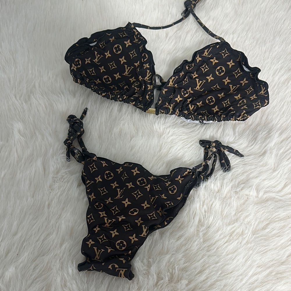 Louis Vuitton Black and Gold Bikini Set